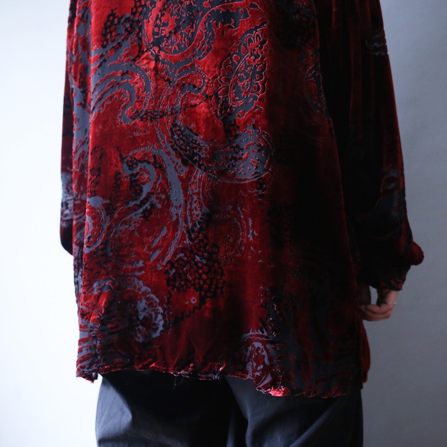 beautiful art pattern loose silhouette velours fry-front see-through shirt