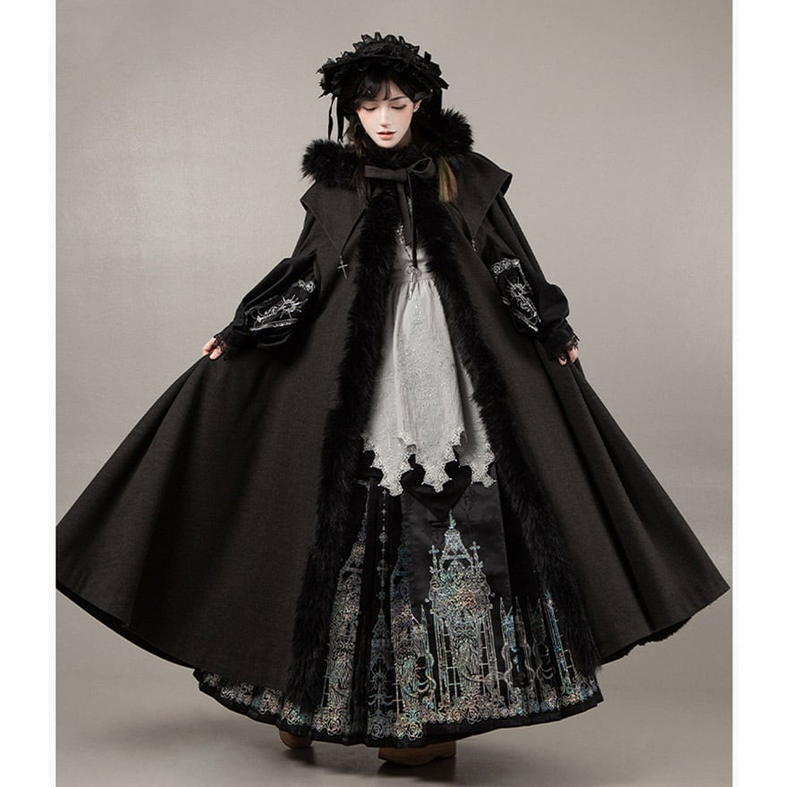 ゴスロリ 5点セット 漢洋折衷 大袖ブラウス×ロングスカート 黒白