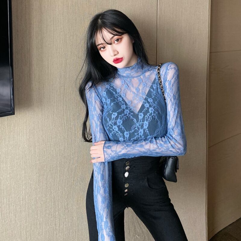 オータムスタイルシャツ カラーレースメッシュトップス ロング 秋物 ハンチェンe70561787817