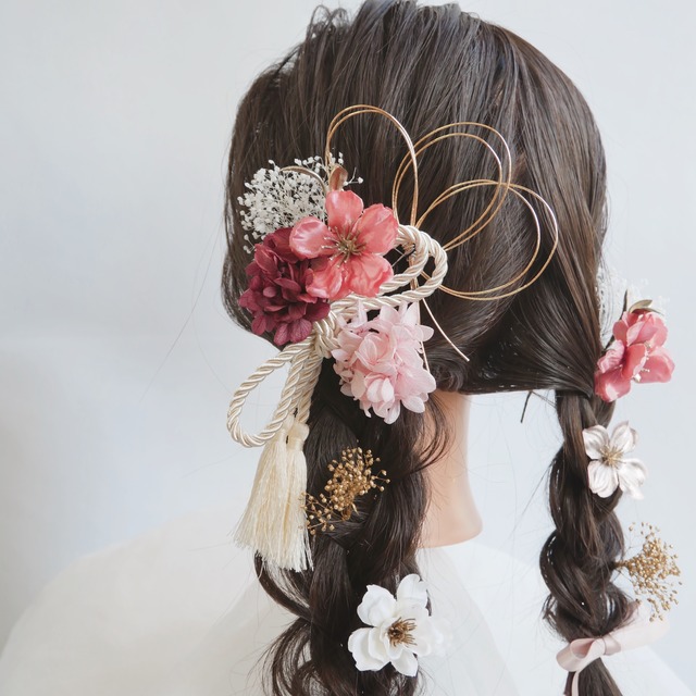 A1  ツインテールの髪飾りセット　卒業式　袴　結婚式　水引　かすみ草　成人式