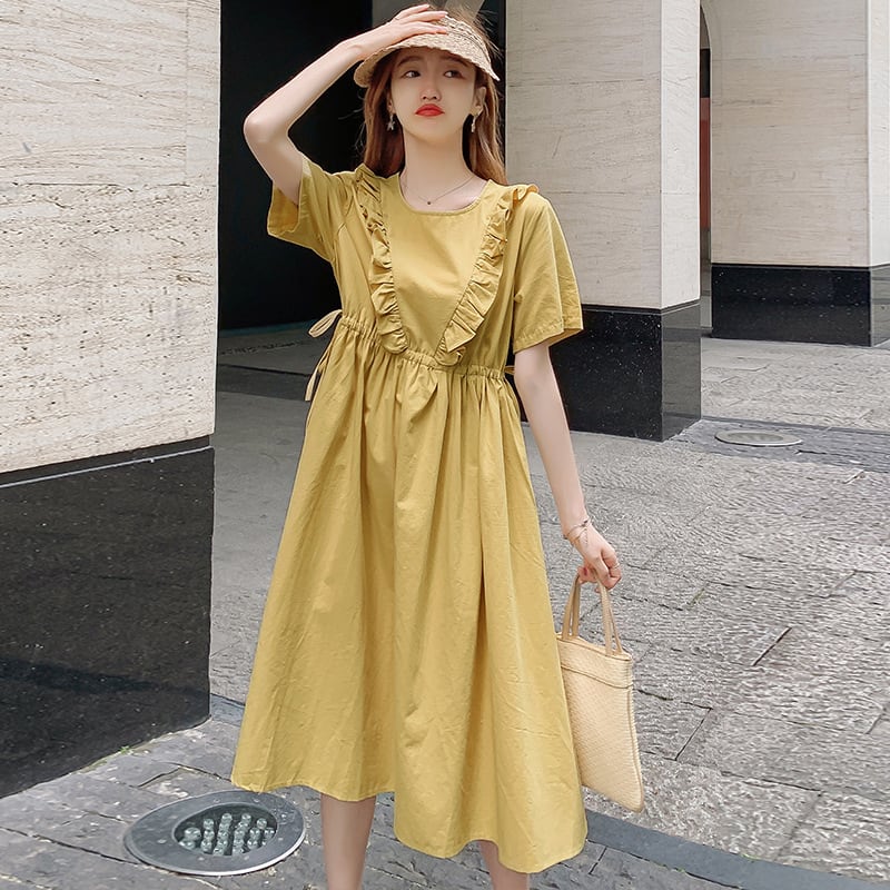 【新作】【送料無料】 マタニティウェア2020夏の新しい綿とリネンのステッチのルーズドレス、トレンディなマザーミドル丈で年齢を減らすマタニティドレス-アリババ コットン サマー 夏物 expec242509468037