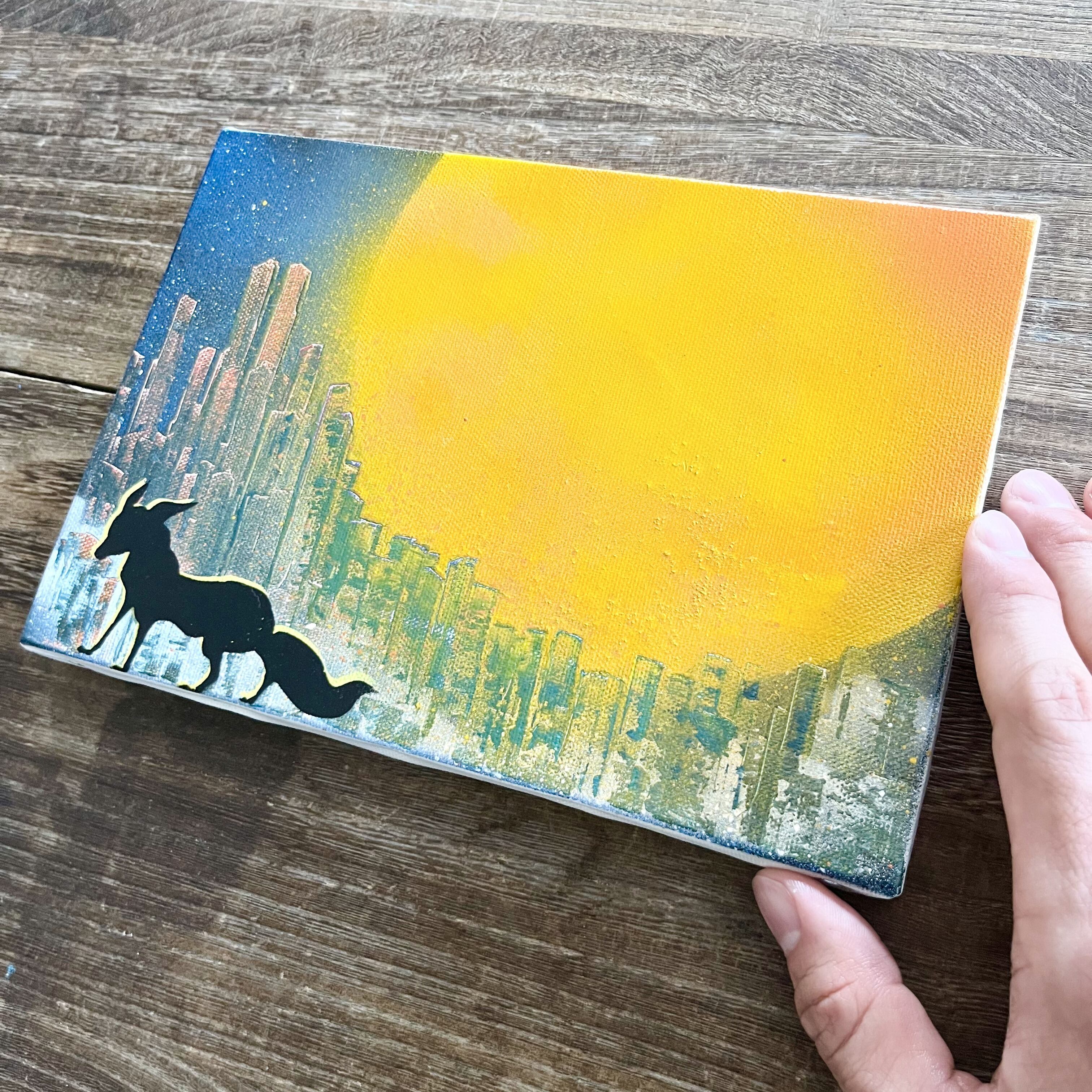 都会の狐」原画 きつね×満月×都市 青 黄 オレンジ 絵画 キャンバス