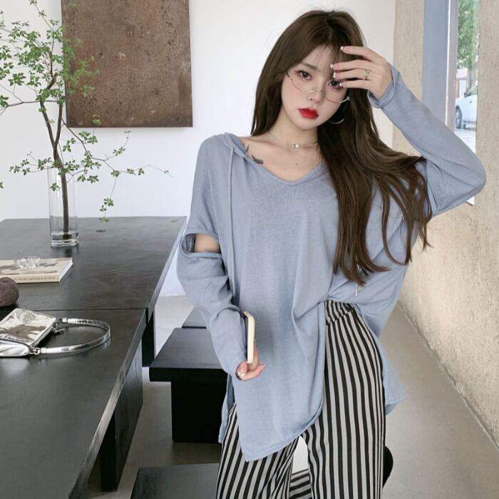 サマースタイルフードトップス ルーズシャツ Tシャツ レディース ロング 夏物 ドラファッションホール36593471641