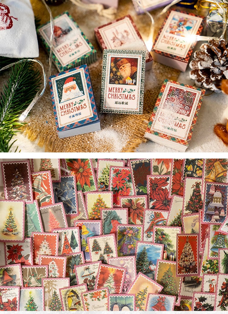 【クリスマス】豆本 巾着 素材紙 100枚入AB28 サンタ スノーマン クマ クリスマスツリー レトロ アンティーク調 デザイン様々 ほぼ日 海外 コラージュ素材