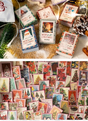 【クリスマス】豆本 巾着 素材紙 100枚入AB28 サンタ スノーマン クマ クリスマスツリー レトロ アンティーク調 デザイン様々 ほぼ日 海外 コラージュ素材