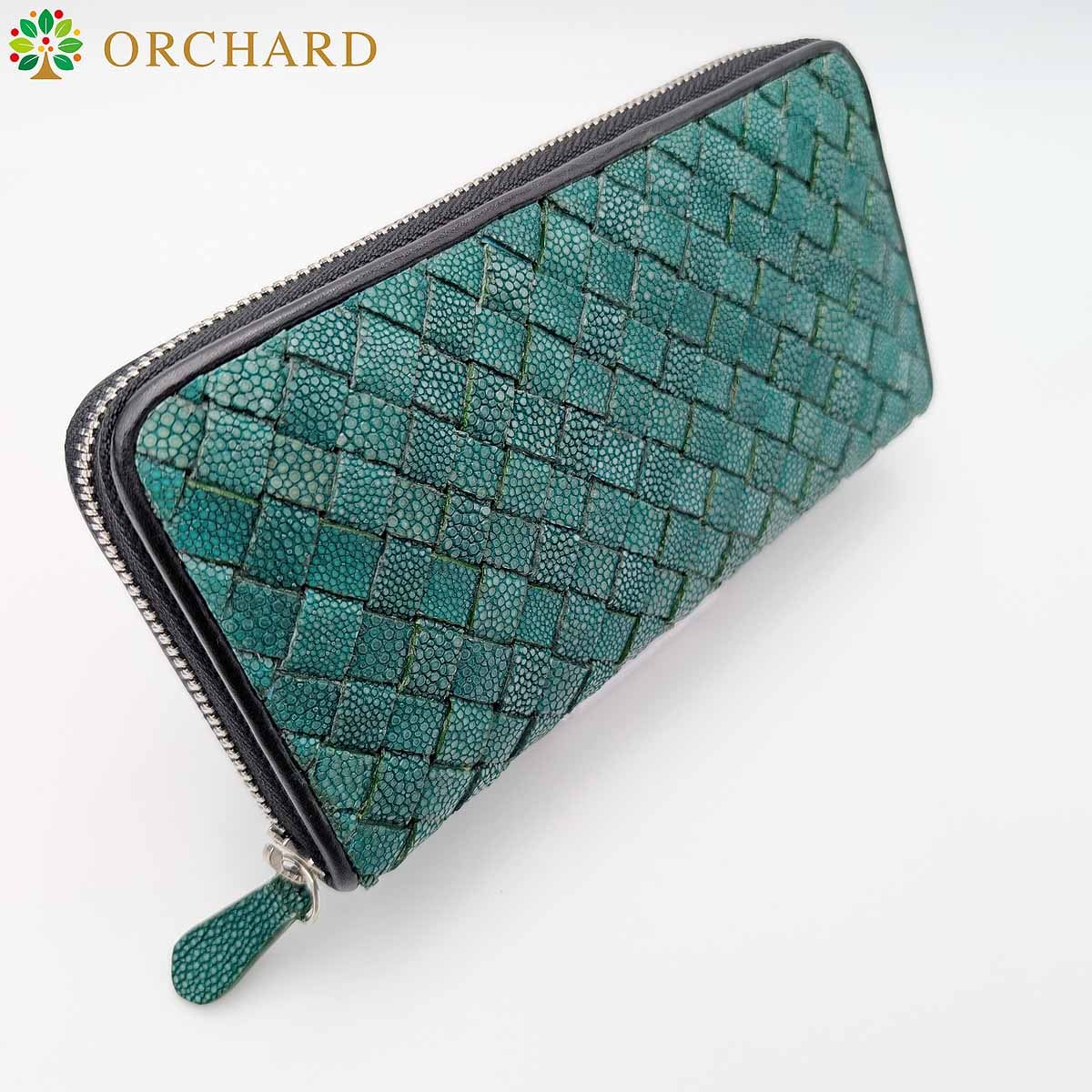 ガルーシャ スティングレイ エイ革 編み込み加工 緑色 グリーン ラウンドファスナー ロングウォレット 長財布 メンズ レディース