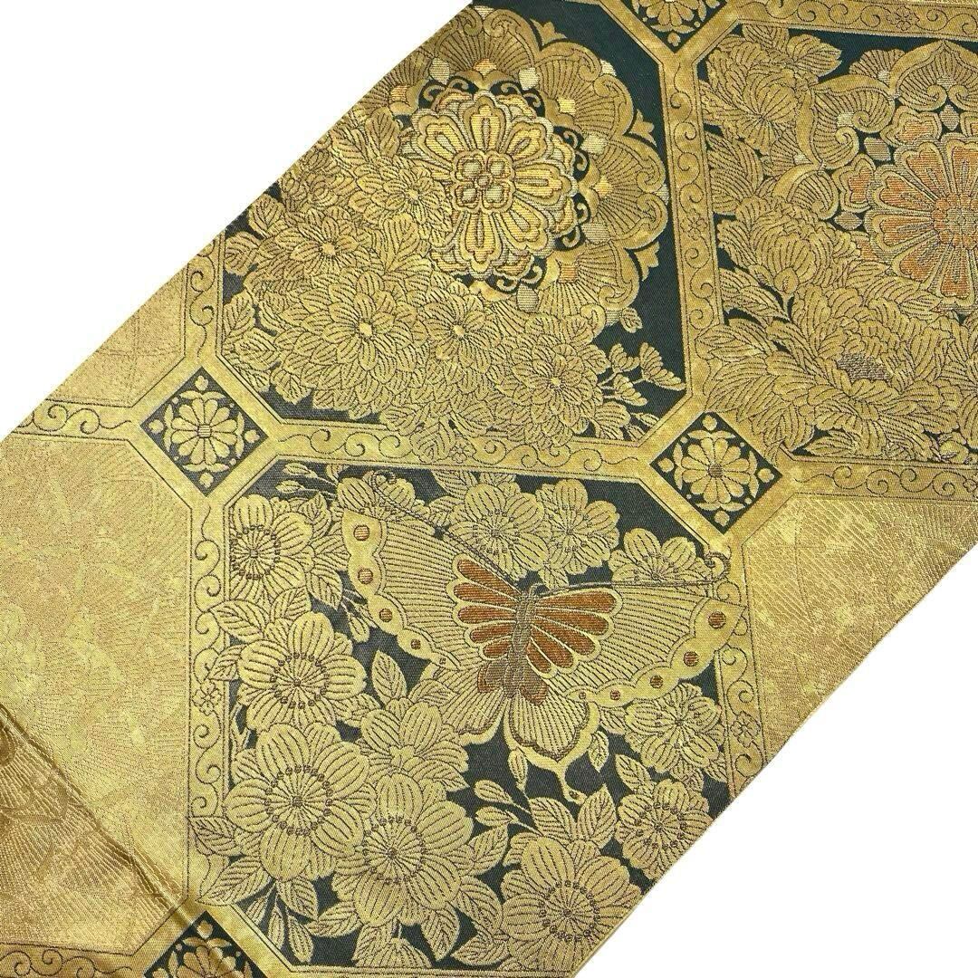 袋帯 引箔本金箔二重織 美しい金色の花模様に蝶 O-4004 - 袋帯 