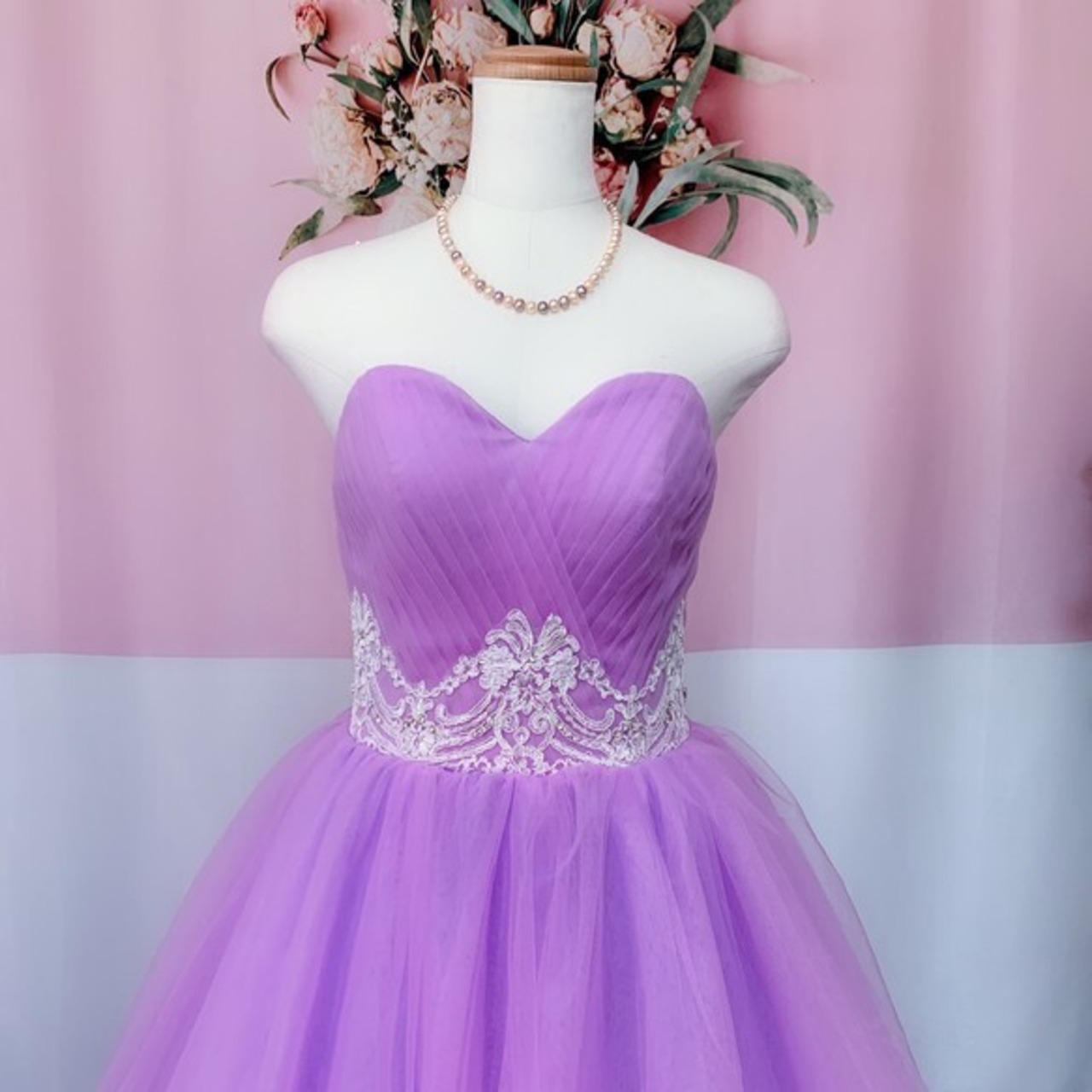 高品質！ビビッドピンク ベアトップ カラードレス プリンセスライン  