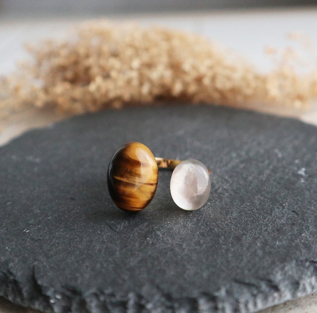 天然石イエロータイガーアイとスモーキークォーツのフォークリング　金アレ対応