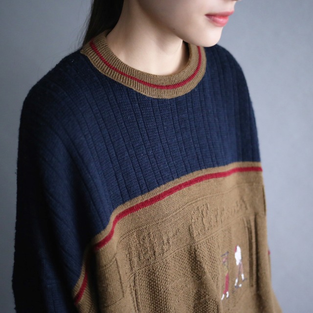 "刺繍" bi-color 3D line and cable knit pattern loose sweater
