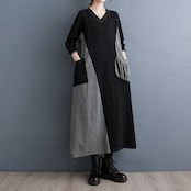 パッチワーク風 Vネック ロングワンピース 00070