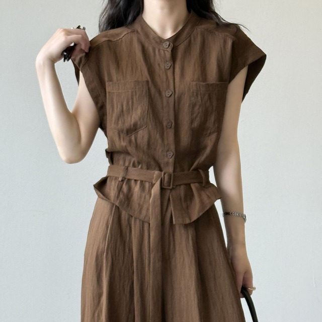 【set up】belted sleeveless shirt & wide pants L0544