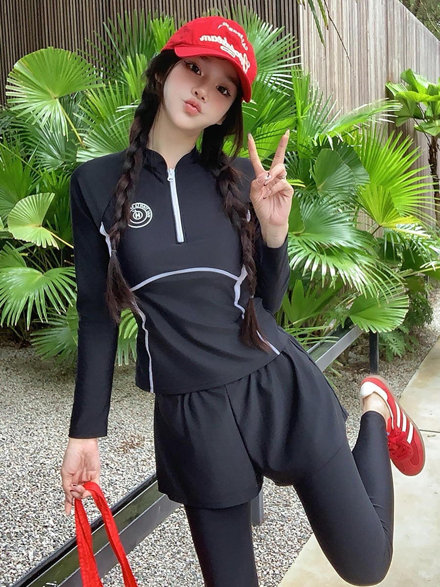 水着 長袖 ライン入り オーバーショートパンツ付きロングパンツ ハーフ