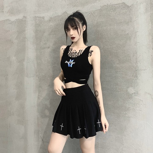 ✞✝✞ ブラックノースリーブプリントクロスショートトップス コットン ピュア ✞✝✞ ゴスロリ SM ミリ 甘ロリ クラロリ 和ロリ エレガント 黒ロリ 姫ロリ 華ロリ AA-AA5675662