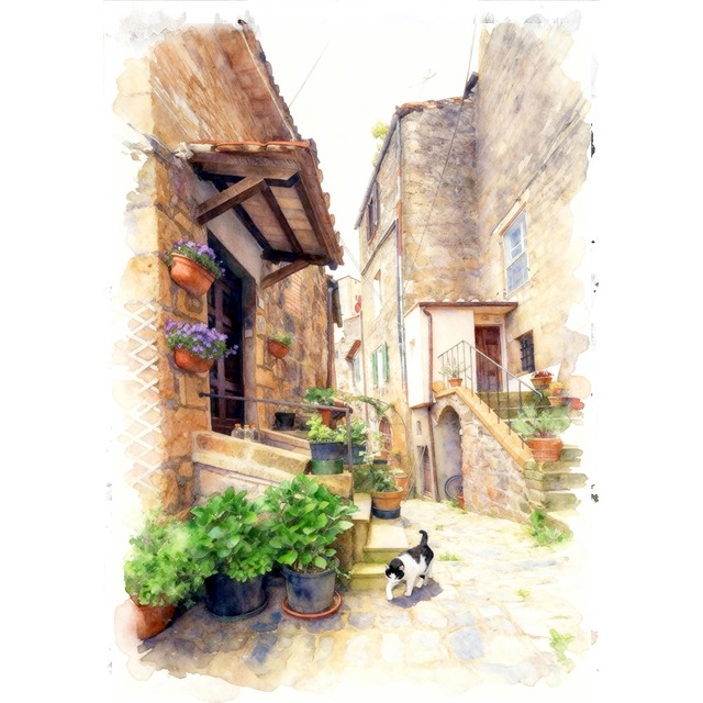 絵画 動物 街中の猫 インテリアアート額付き 水彩画風 WAT1792