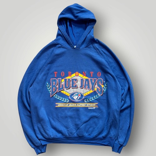 【カナダ製】90s MLB トロント・ブルージェイズ スウェット パーカー フーディー メンズ XL 青/BLUE ロゴ プリント 裏起毛 ラグラン
