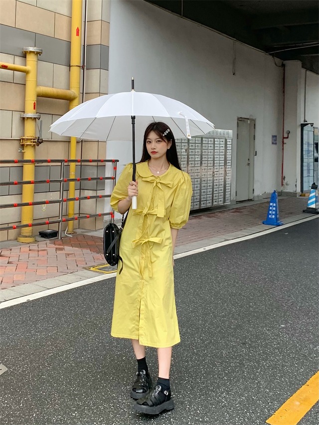 シャツ ドレス サマーリボンソリッド カラースリーブスカート 大人ガーリー スウィート キュート カジュアル 夏物 ソリッドカラー クレセントシティ66023875857