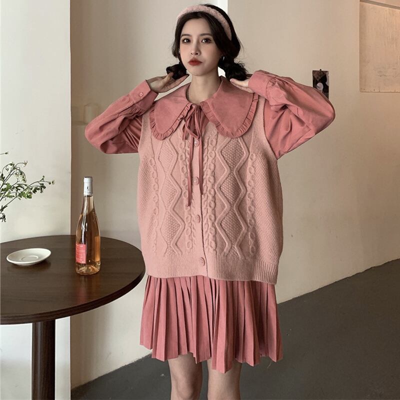 スプリングスタイルソリッド カラーレースプリーツドレス ルーズ薄手スカート 春物 ソリッドカラー 萌量不足47759408223