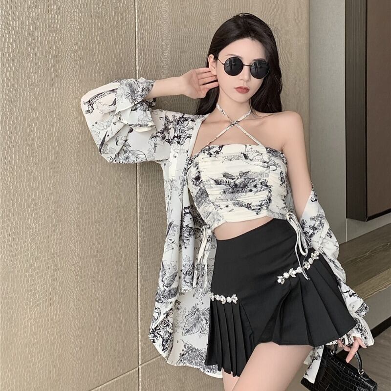 レッドスタンダードルーズシャツ トップス プリーツスカート オータムセット レトロ ストリート 秋物 ハンチェンe34156692683