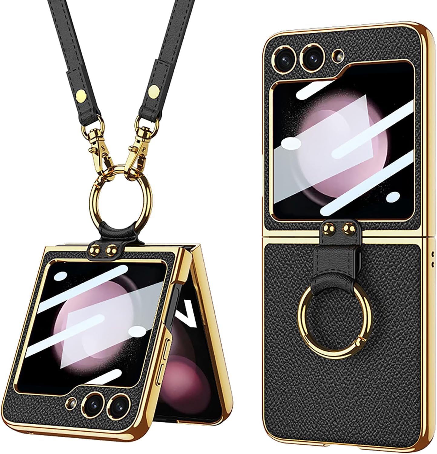 適用galaxy z flip6 ケース 純正 リング付き スタンド機能 液晶保護フィルム付き ストラップ付き 男女兼用 高級 人気 galaxy z flip6 5g ケース 純正 耐衝撃 カメラレンズ保護 薄型 (ブラック)