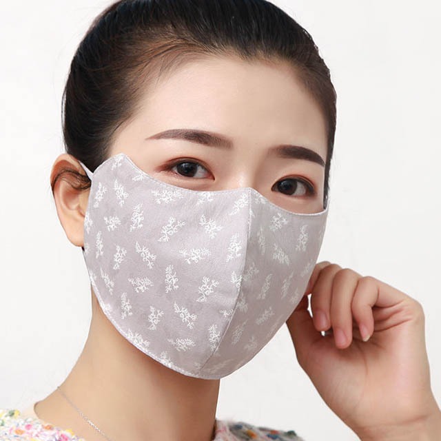 薄手  立体  コットン 花プリント マスク  ライト グレー