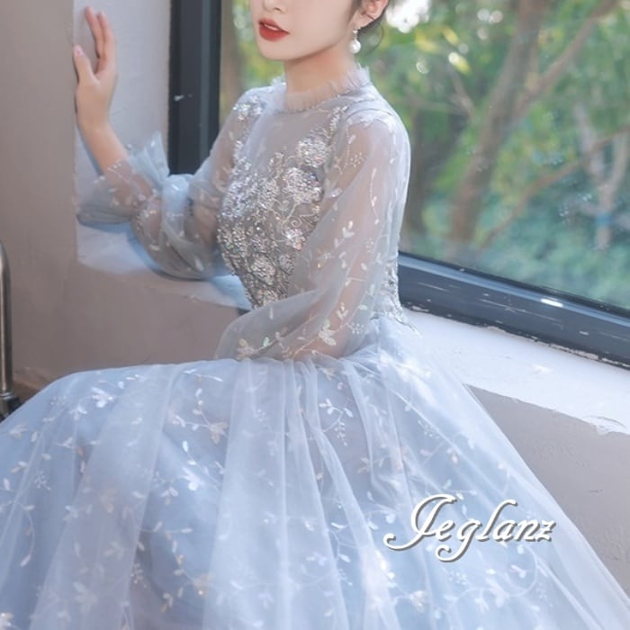 パーティ イブニングドレス 立ち襟 刺繍 レース 透け感 エターナル ♪(M8279)ζ