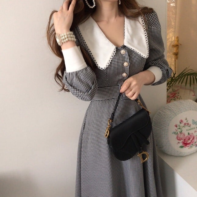 ワンピース レディース ギンガムチェック 長袖 英国風 フレンチ