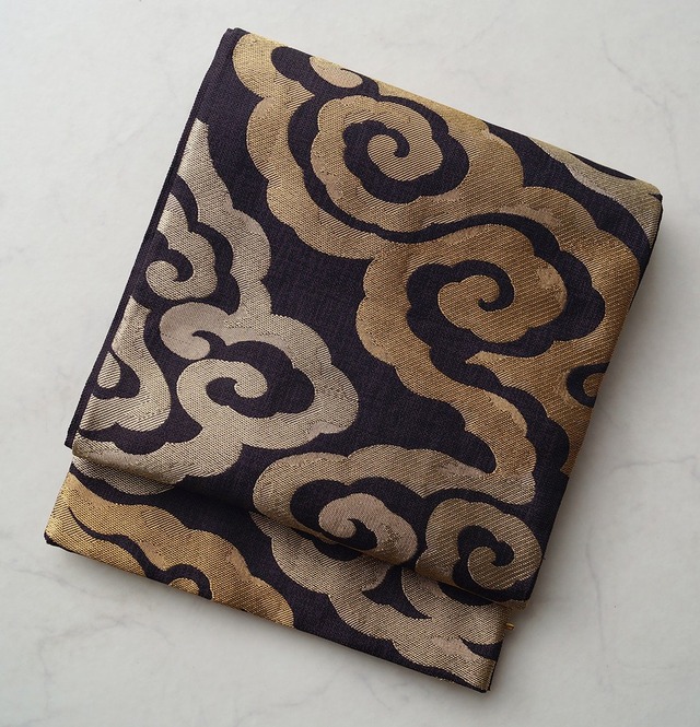 【ふくろ帯】憲法黒茶色×金色　瑞雲文様　ふくろ帯