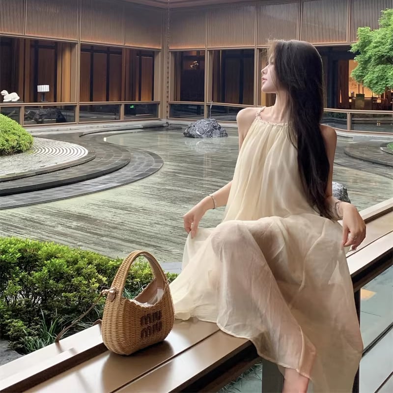 【dress】ホルターネックチュールロングワンピース Q8251