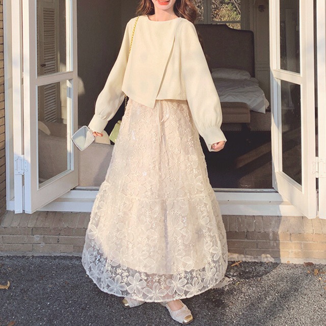 クルーネックトップス+フラワーレースワンピース　11038