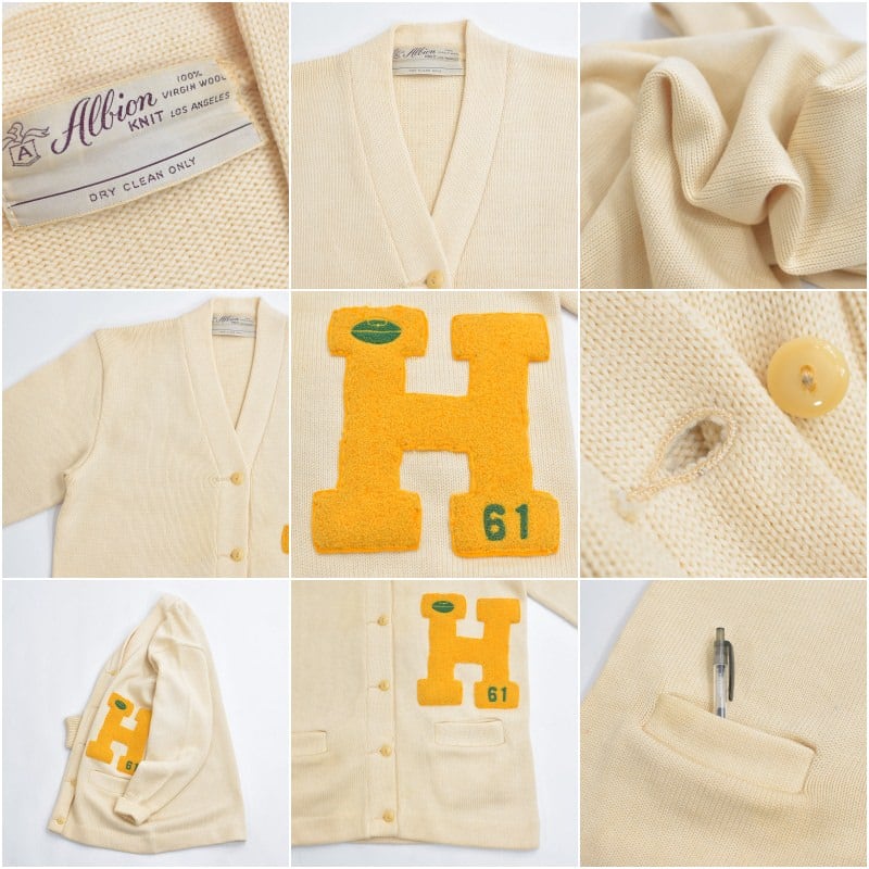 60s USA製 Albion KNIT アルビオンニット サガラ刺繍 レタード ウール ニット カーディガン セーター ヴィンテージ ビンテージ USA古着 レディースXL相当 60s-70s フランス製 アクリル ウール ニット カーディガン スウェード