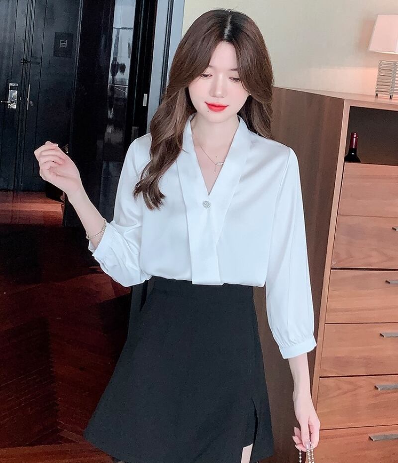 トップス シャツ ブラウス 白シャツ Vネックブラウス レディース 7分袖