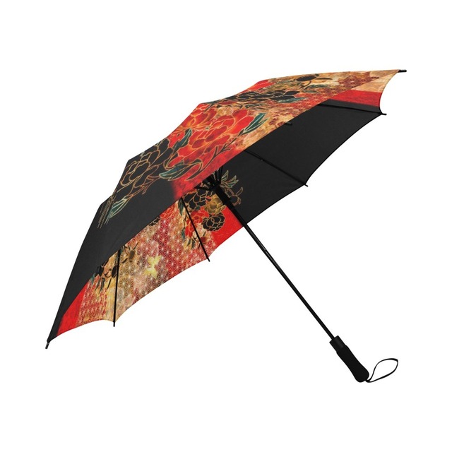 牡丹家紋装飾　黒　大判折りたたみ傘