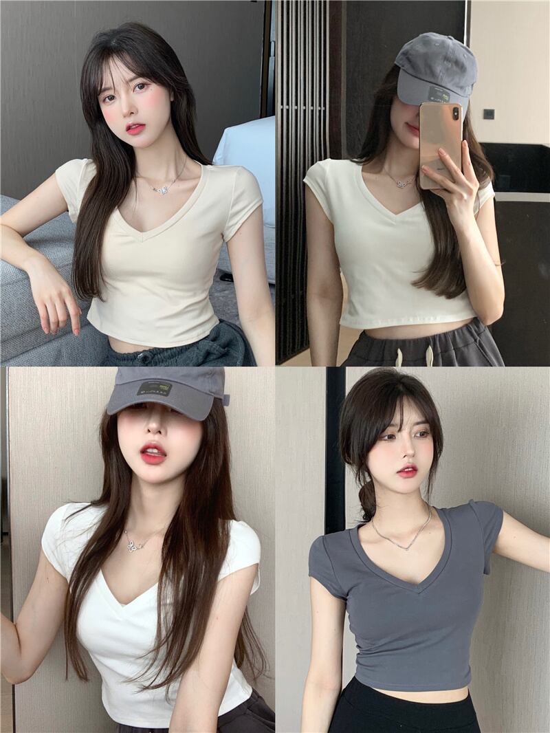 Tシャツ サマーショートVネックホワイトトップス 大人ガーリー スウィート キュート カジュアル 夏物 ブラックストロベリース20851055832