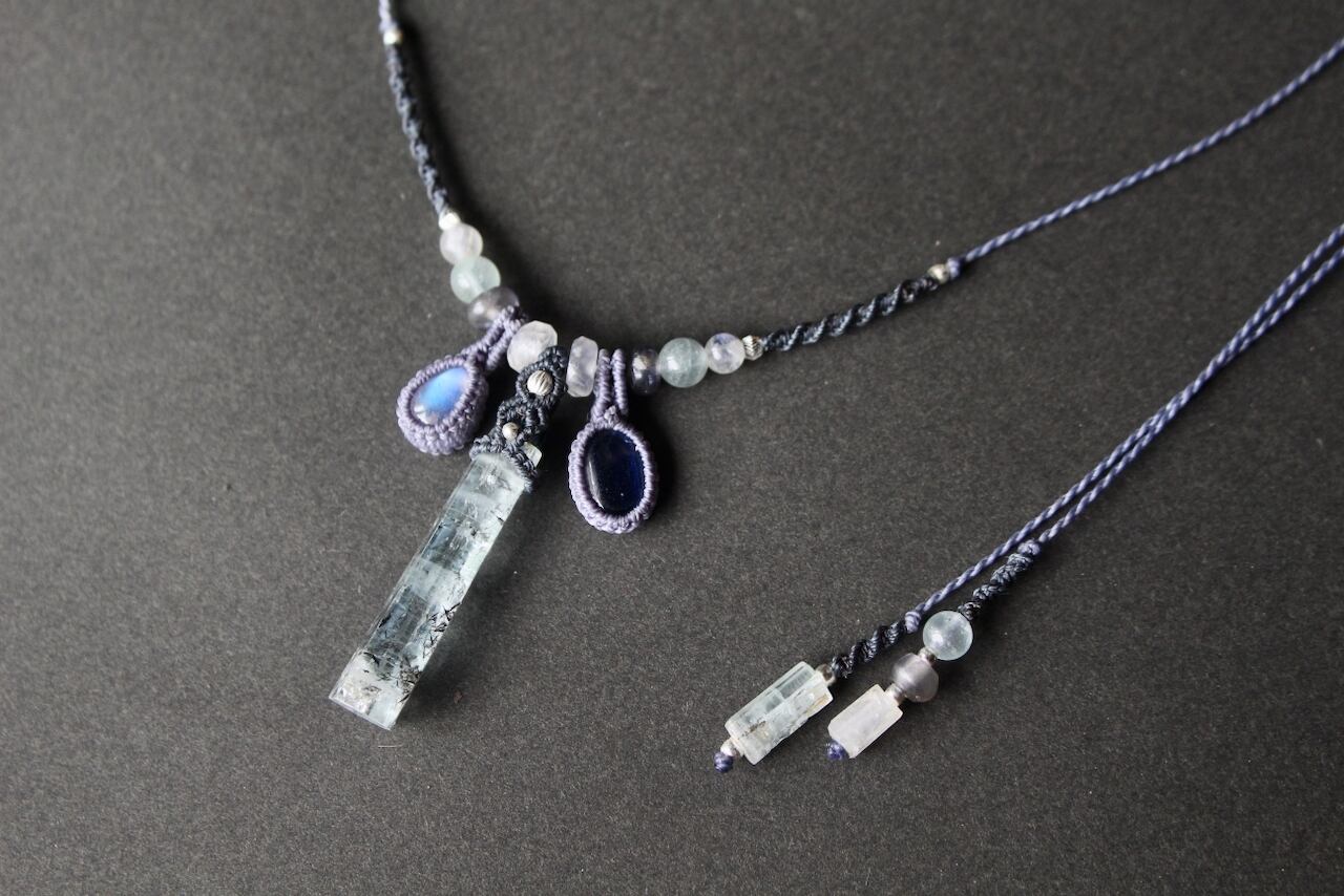 Aqua marine & Rainbow moonstone & Kyanite micro macrame necklace