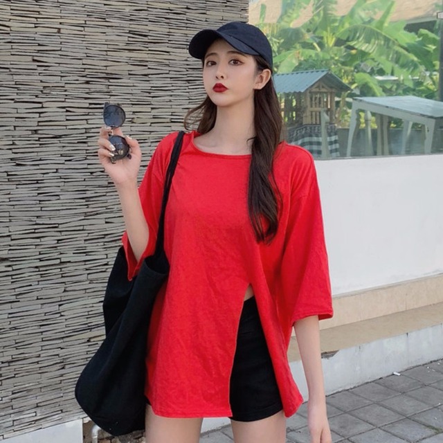 2020年春夏新バージョンルーズベーシックスタイルスプリットデザインラウンドネックオールマッチ半袖Tシャツトップレディース 1号婦人36343509689