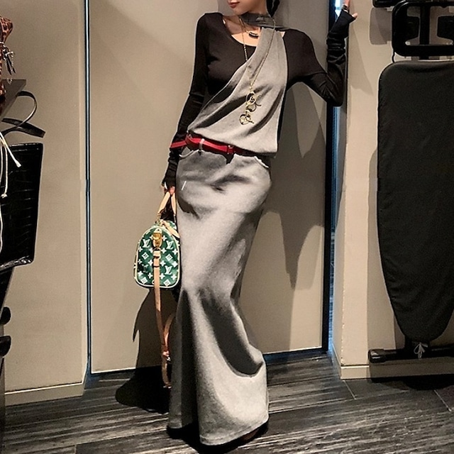レイヤードホルターネックロングワンピース（ベルト付き）［S-L］