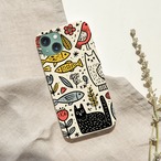 受注生産 iPhoneケース 魚と花のモノトーン民芸柄｜魚モチーフ PSYF002C
