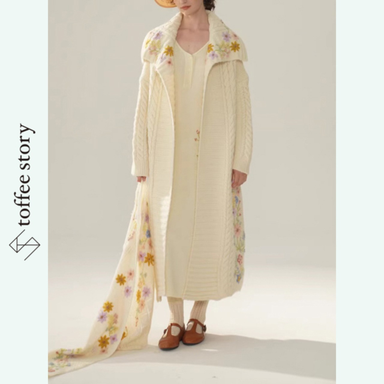花刺繍ロングニットカーディガン 《Y0415》