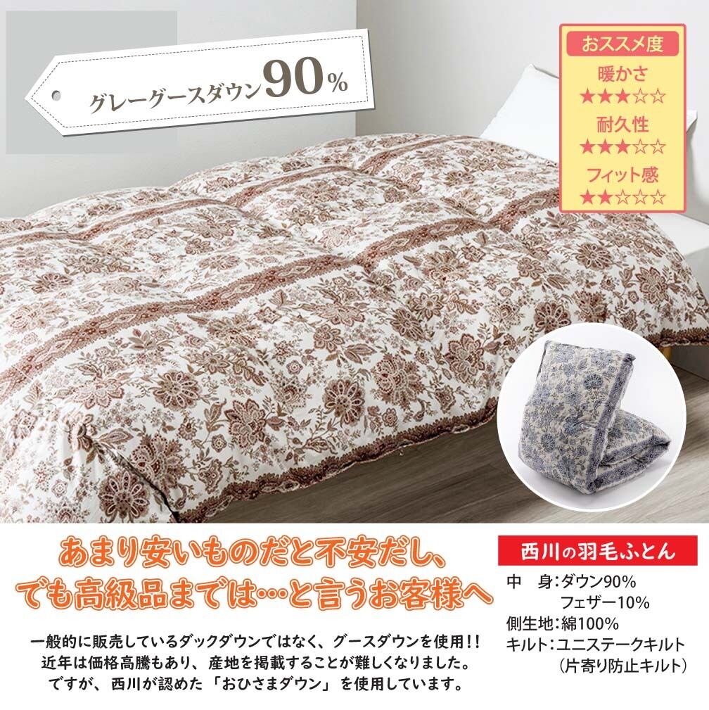 西川のグースダウン90％ 羽毛ふとん 1.2kg入れ （シングルサイズ 