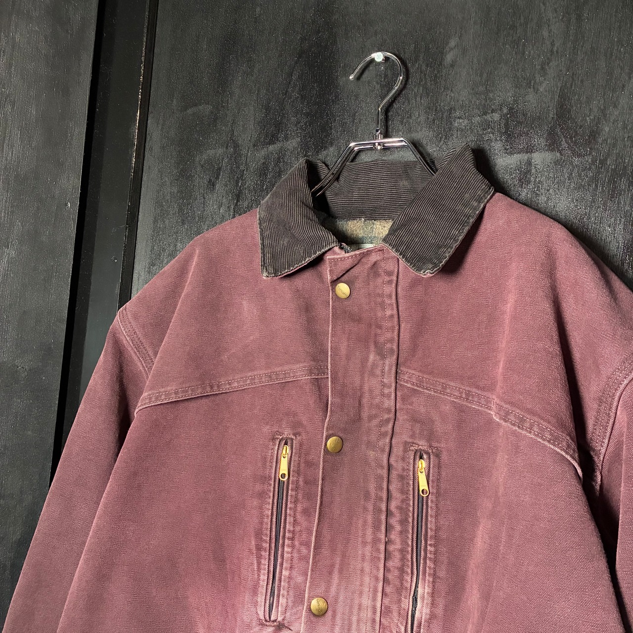 90s USA製　Carhartt ダックジャケット　ワークジャケット　バーガンディ　ブランケットライナー　フェード