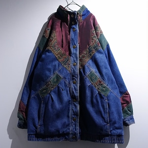 90s Denim Patchwork Design Padded Jacket
