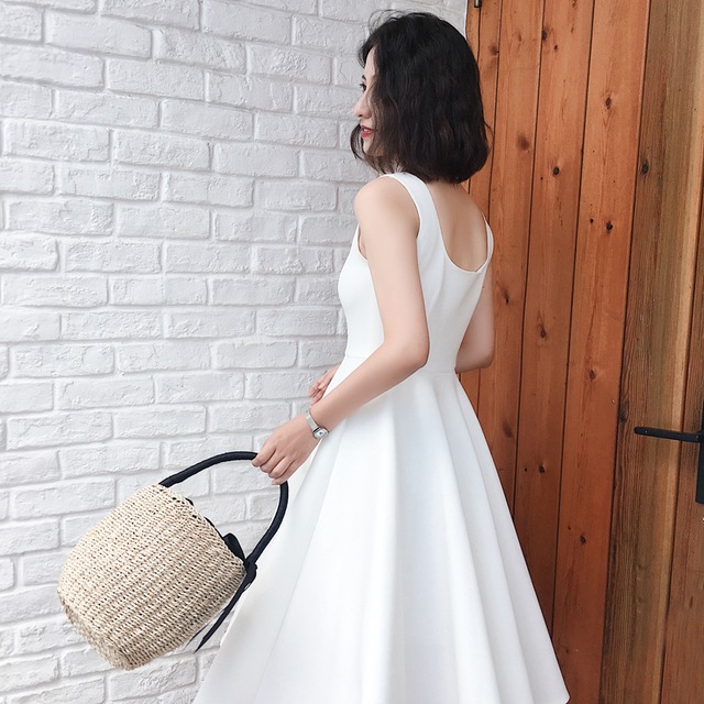 Aラインワンピース 白 黒 ノースリーブ バカンス 旅行 デート フレア サーキュラー Select Shop Skry スクリー