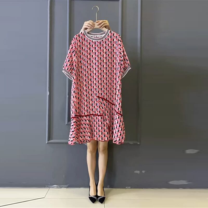 サマーフローラルドレス ラウンドネックスリムスカート 大きめサイズ 夏物 花柄 Oネック ミックスインファッション97041260645