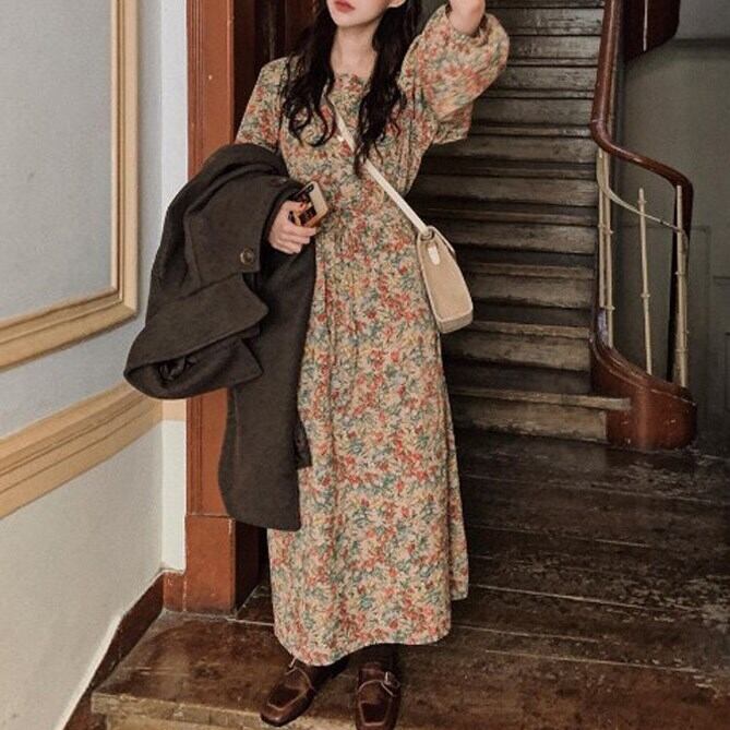 在庫ありお早めに 韓国 オルチャン ワンピース 花柄 レトロ プリーツ ワンピース ミモレ丈 長袖 最新人気 ワンピース Www Murad Com Jo