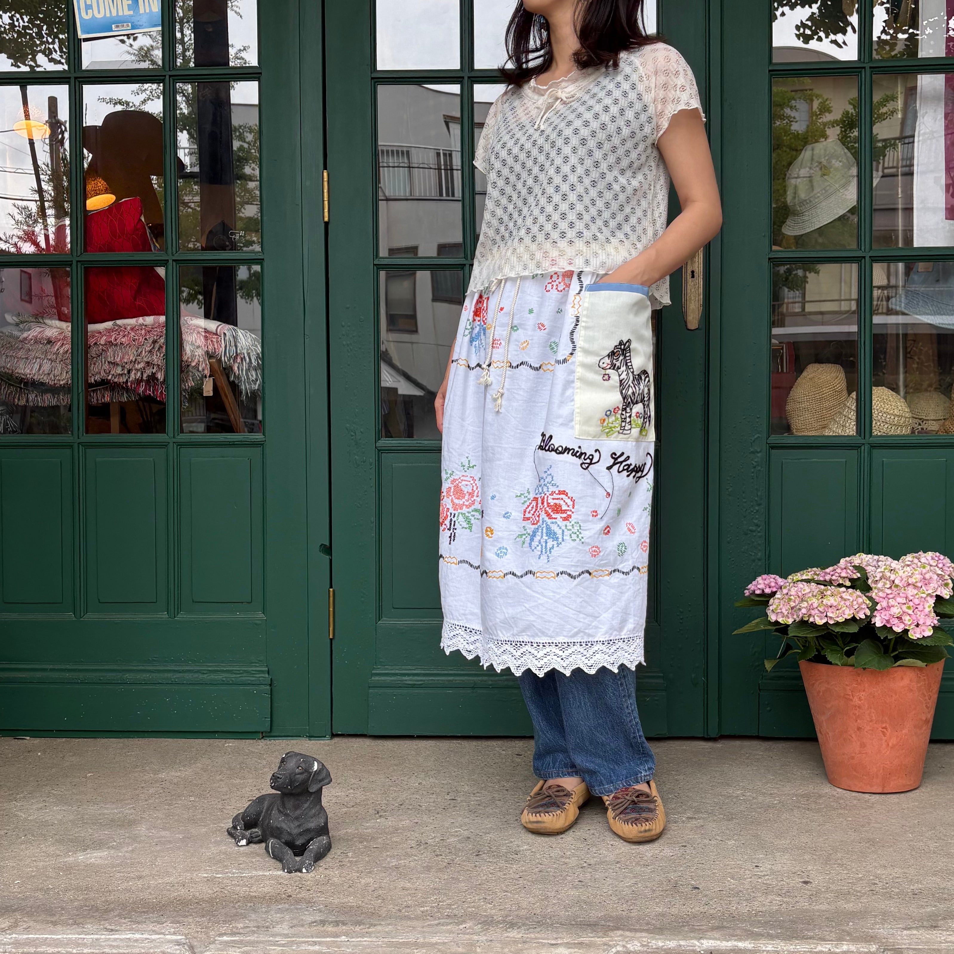 Antique French Linen Rose Garden Apron Skirt With Zebra