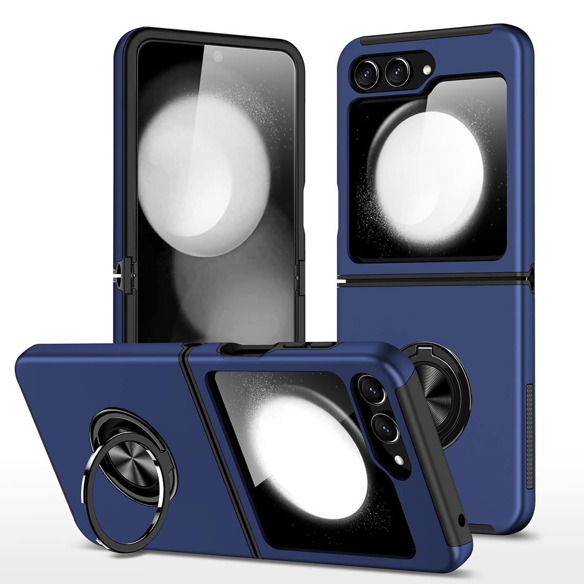 JSCOMYAP Samsung Galaxy Z Flip 6 5G ケース用 + 强化 ガラス フィルム リング付き スマホケース スタンド機能 携帯ケース 耐衝撃 スマホカバー Case Cover zflip6 ギャラクシーZフリップ6 SC-54E 対応 ケース 背面 カバー メンズ(青 ブルー)