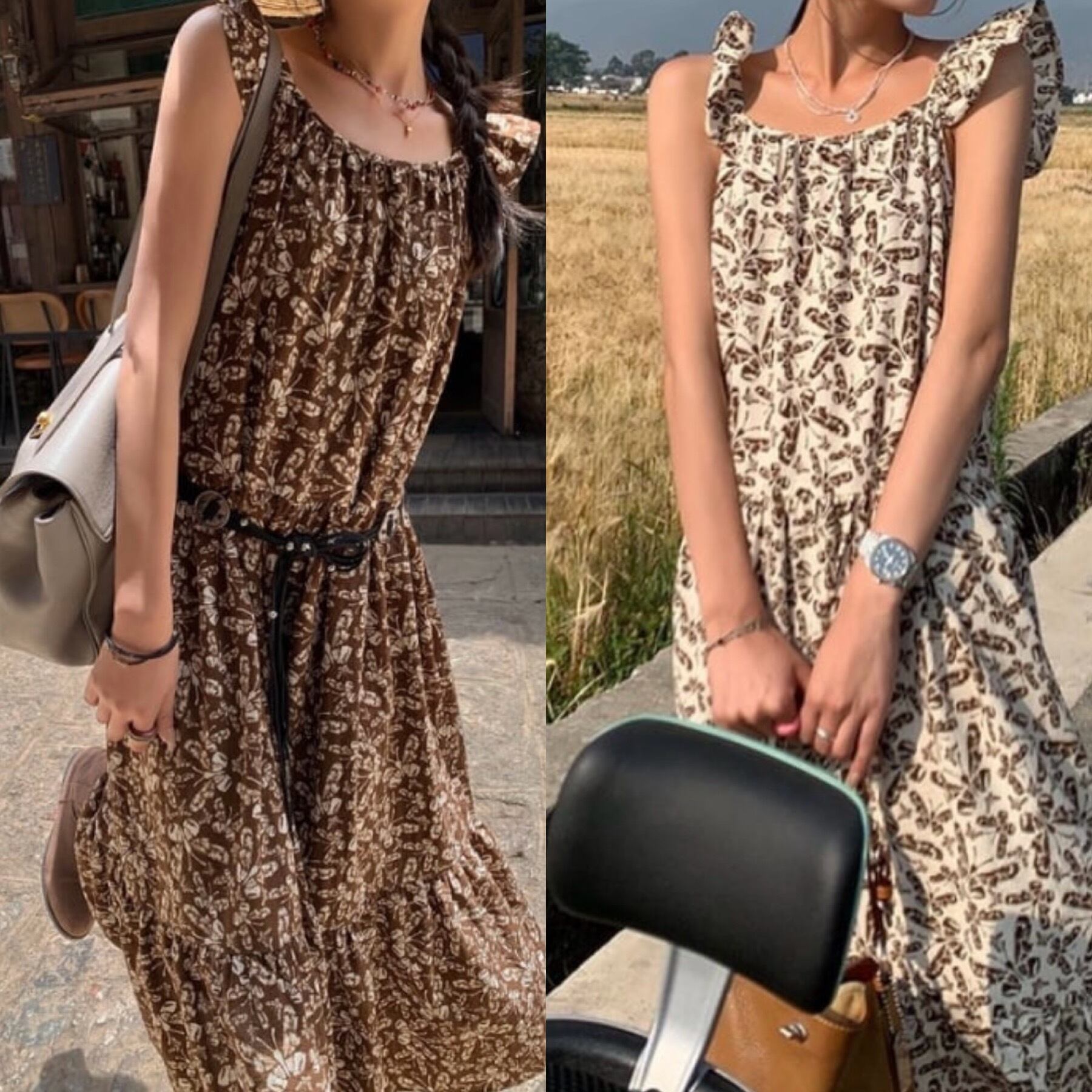 2color / フリルストラップバタフライ柄ワンピース