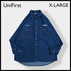 【unifirst】デニムシャツ 企業系 刺繍ロゴ 長袖フラップポケット スナップボタン X-LARGE ビッグシルエット 濃紺 ワンポイントロゴ US古着