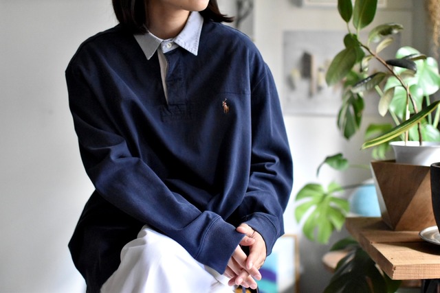 90's- "rugger shirt" "ralph lauren "plain color" "navy"